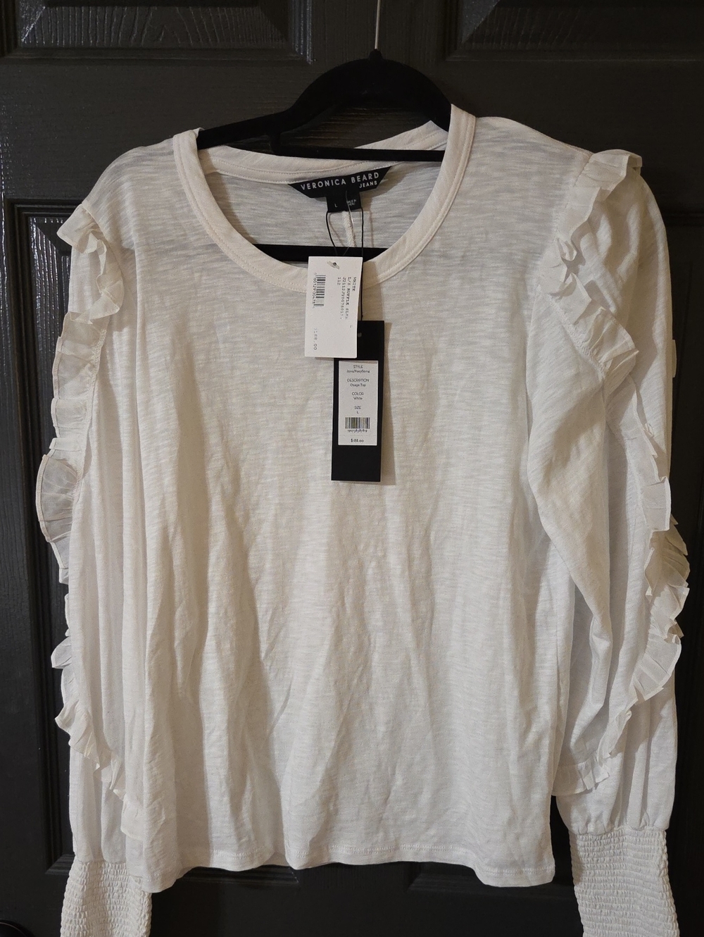 Veronica Beard White Ruffle-Trim Long Sleeve Tee